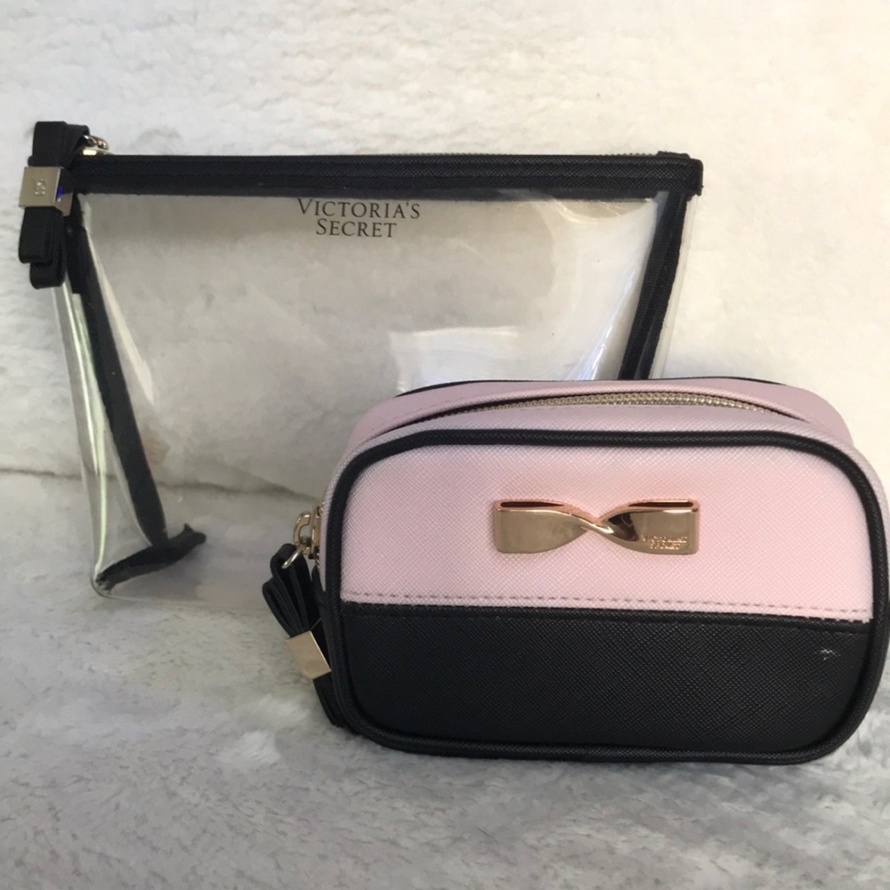 Victoria's Secret  2 Piece Clear & Pink/Black Makeup Travel Bag Set